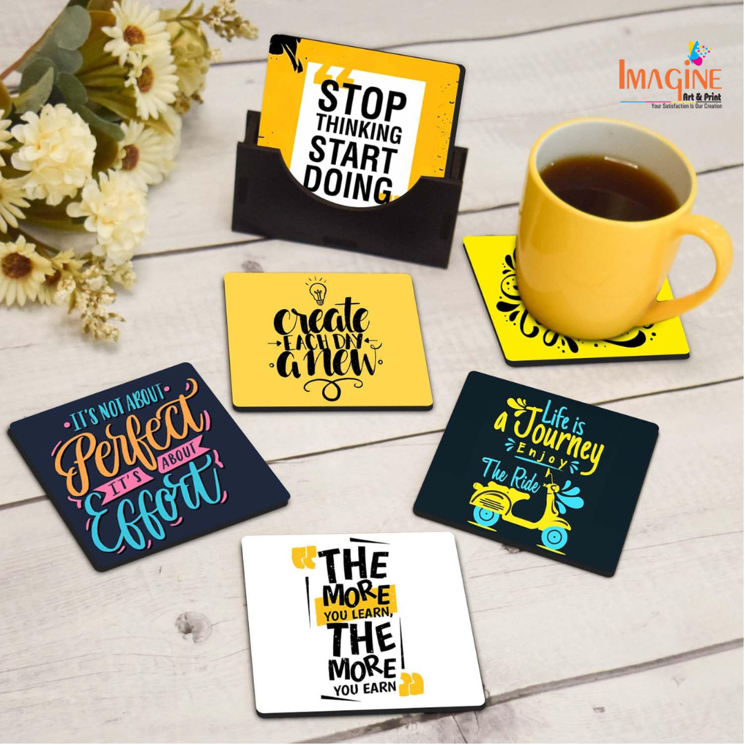 Tea Coasters Set of 6, Beautiful Design with Stand for Tea Cups, Coffee Mugs, and Glasses, Ideal for Diwali Gifting (Inspirational Quotes)