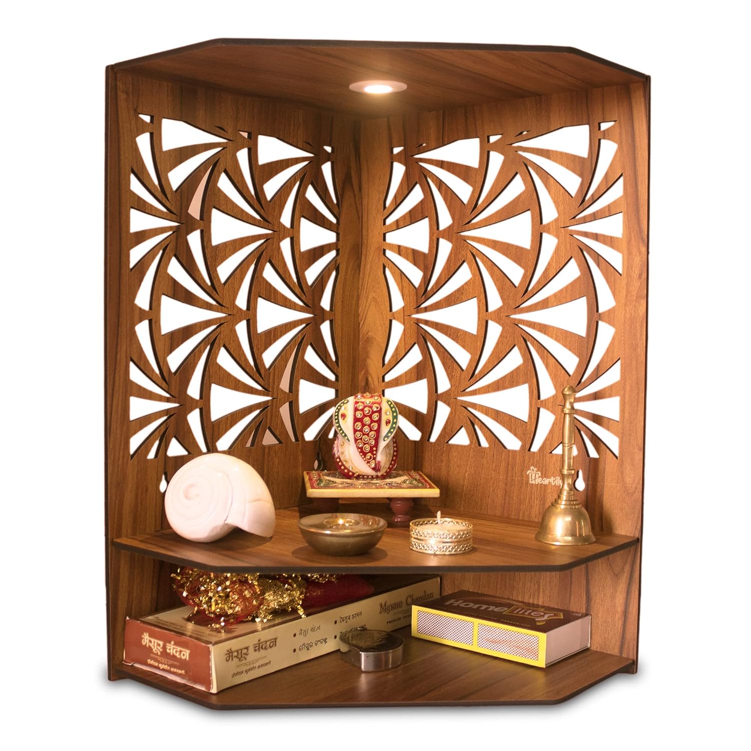 Pushp Beautiful Corner Wooden Pooja Stand Mandir for Home Temple for Office Puja Mandir for Home Wall with LED Spot Light Product (H- 17, L- 10, W-15 Inch)