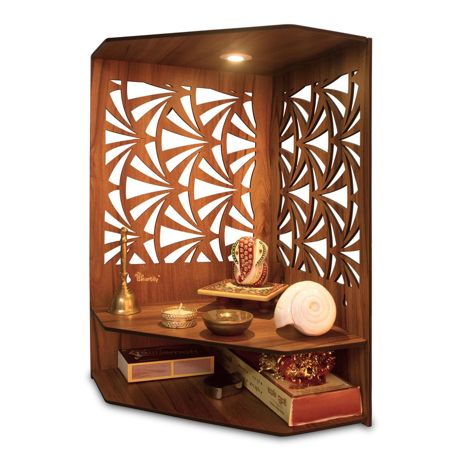 Pushp Beautiful Corner Wooden Pooja Stand Mandir for Home Temple for Office Puja Mandir for Home Wall with LED Spot Light Product (H- 17, L- 10, W-15 Inch)