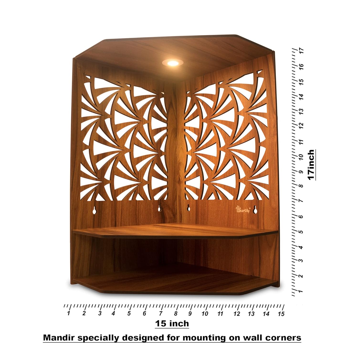 Pushp Beautiful Corner Wooden Pooja Stand Mandir for Home Temple for Office Puja Mandir for Home Wall with LED Spot Light Product (H- 17, L- 10, W-15 Inch)