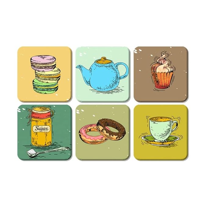 Printed MDF Wooden Square Coaster | Coasters for Dining Table, Coaster for Home Decor, Coaster for Office Table, Coaster Gift (Set of 6,Multicolor 5)