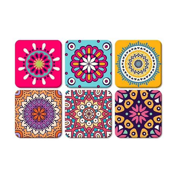 Printed MDF Wooden Square Coaster | Coasters for Dining Table, Coaster for Home Decor, Coaster for Office Table, Coaster Gift (Set of 6,Multicolor 8)