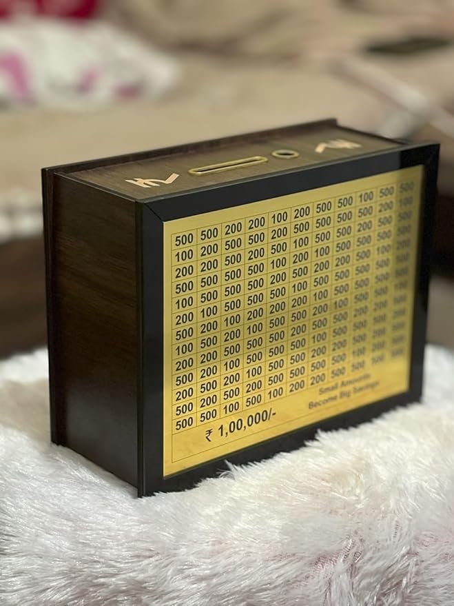 Gold Wooden Money Saving Box | Cash Saver Money Box with Counting Target | ₹1,00,000 Savings Challenge