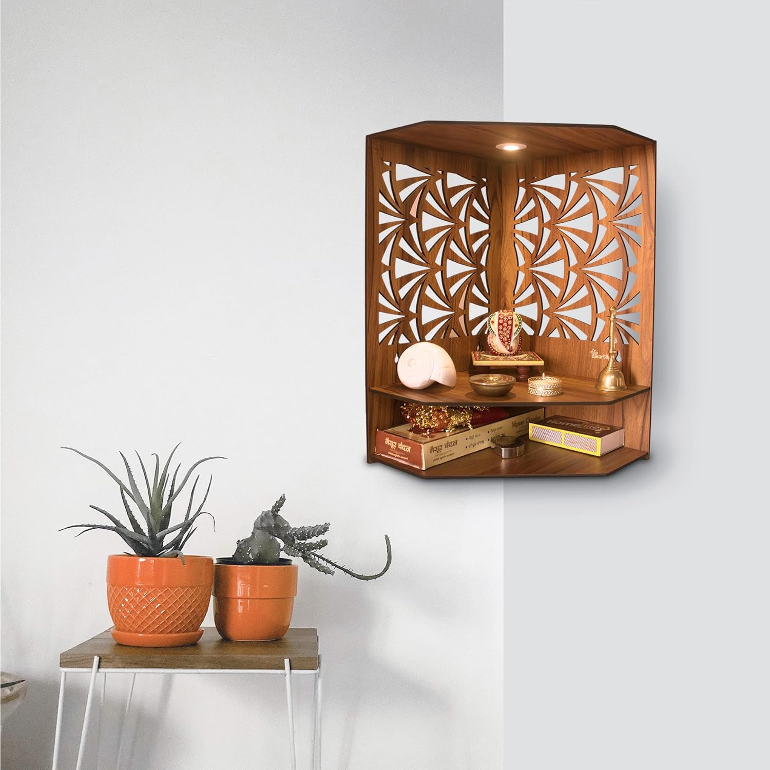 Pushp Beautiful Corner Wooden Pooja Stand Mandir for Home Temple for Office Puja Mandir for Home Wall with LED Spot Light Product (H- 17, L- 10, W-15 Inch)