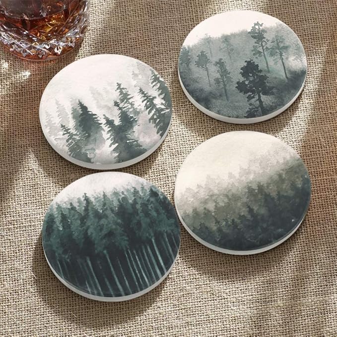 Lahome Forest Pattern Coasters - Round Drinks Absorbent Stone Coaster Set With Ceramic Stone and Cork Base for Kinds of Mugs and Cups (Forest, 4)