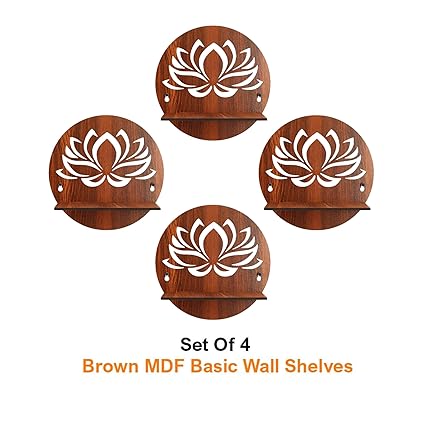 Wall Mounted Floating Shelves for Living Room, Bedroom, Kitchen, Pooja Room & More – No Drill, Adhesive Wood Shelf, Corner & Book Shelves, Set of 4, Wall Decor (Lotus Shelf)