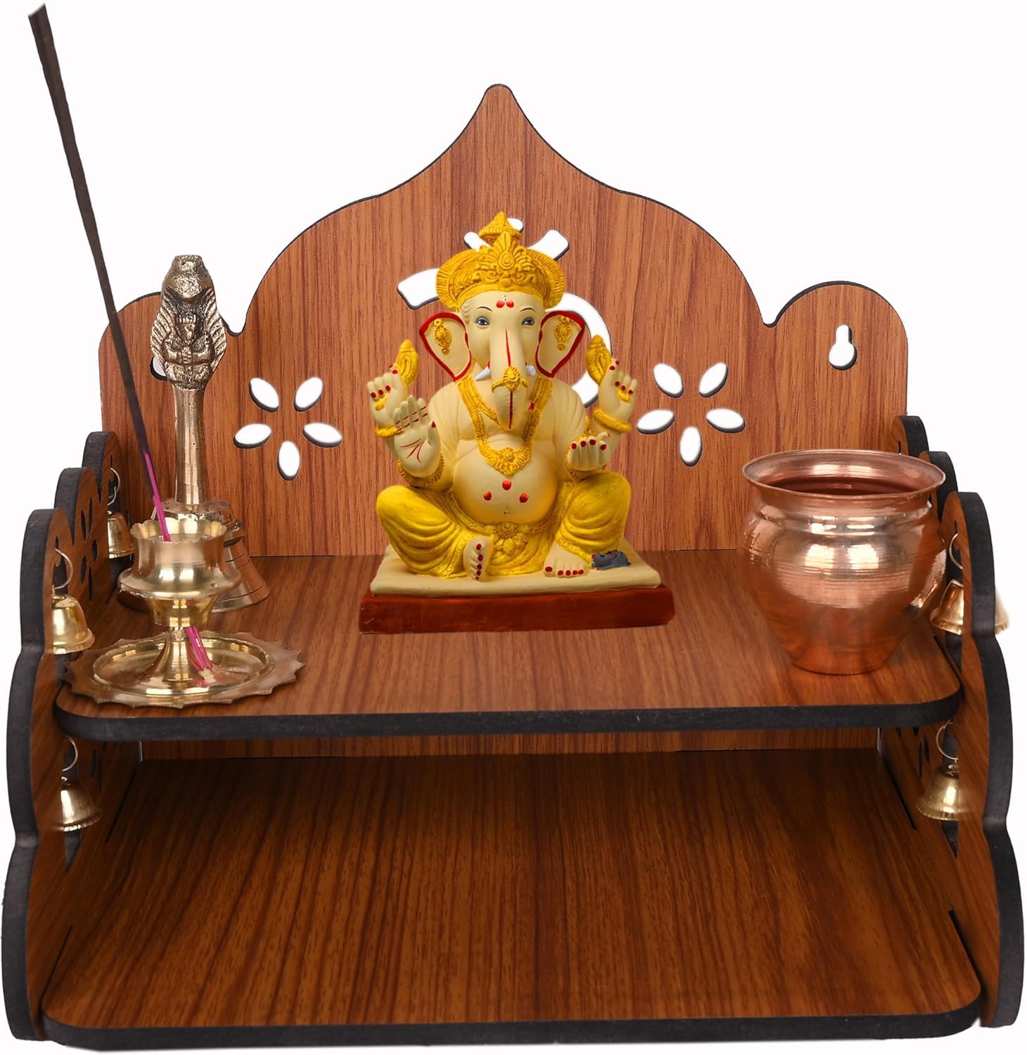 Wood Hand Crafted OM Pattern Pooja Mandir for Home & Office, Wall Mounted Wooden Temple, Pooja Stand with Storage Cabinet, Home Decor, Small & Big Size (Mandir Design 1)