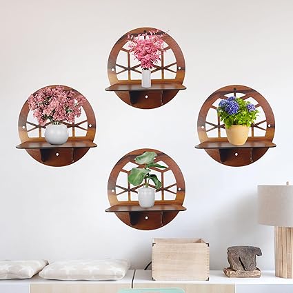 Wall Mounted Floating Shelves for Living Room, Bedroom, Kitchen, Pooja Room & More – No Drill, Adhesive Wood Shelf, Corner & Book Shelves, Set of 4, Wall Decor (Round 2 Shelf)