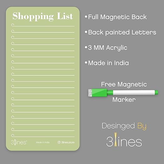 Grocery Shopping List Fridge Magnet With Marker|Smart Planning & Shopping for family, working professionals|Personal Organisers,To Do List|Size 12x24 cms Acrylic Board |Kiwi Color| L