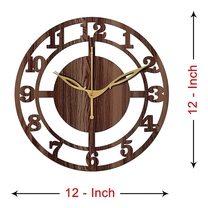 Freny Exim 12" Inch Wooden Mdf English Numeral Round Analog Wall Clock Without Glass (Brown, 30Cm X 30Cm)-056