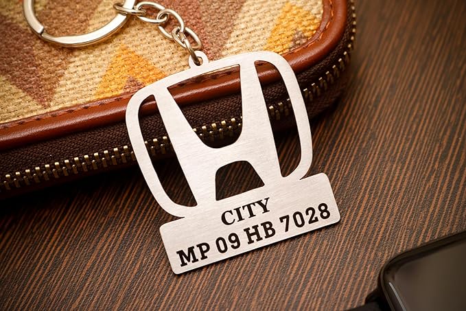 Personalized Hondda Design Car Model Metallic Keychain - Custom Engraved Key Ring with Number Plate, Best Gift For Car Lovers