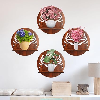 Wall Mounted Floating Shelves for Living Room, Bedroom, Kitchen, Pooja Room & More – No Drill, Adhesive Wood Shelf, Corner & Book Shelves, Set of 4, Wall Decor (Lotus Shelf)