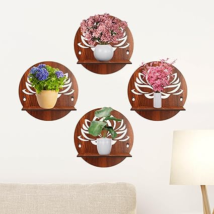 Wall Mounted Floating Shelves for Living Room, Bedroom, Kitchen, Pooja Room & More – No Drill, Adhesive Wood Shelf, Corner & Book Shelves, Set of 4, Wall Decor (Lotus Shelf)