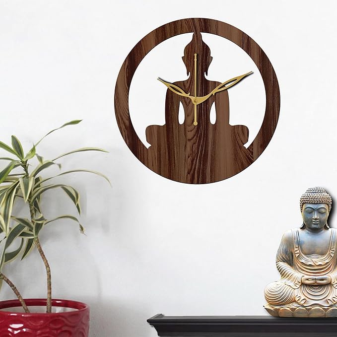 Freny Exim 12" Inch Wooden Mdf Lord Buddha Round Analog Wall Clock Without Glass (Brown, 30Cm X 30Cm) - 39