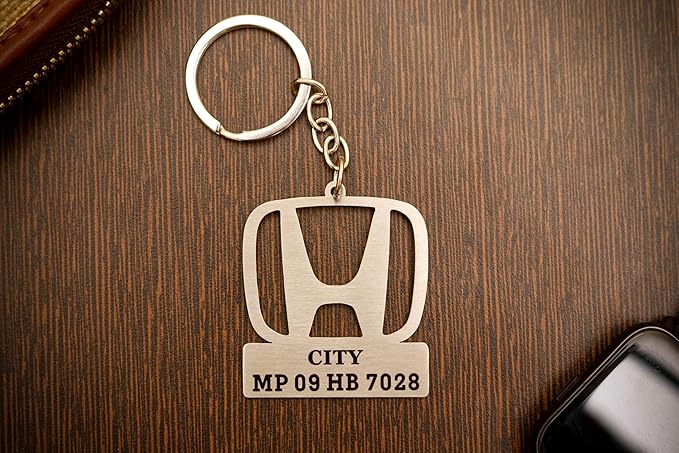 Personalized Hondda Design Car Model Metallic Keychain - Custom Engraved Key Ring with Number Plate, Best Gift For Car Lovers