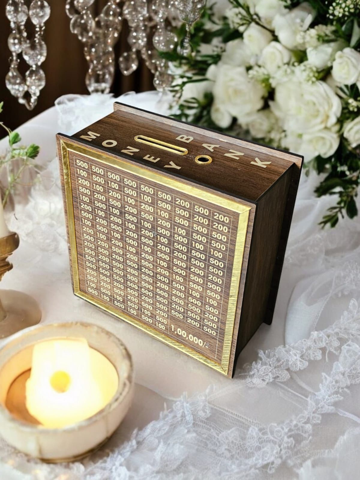 Gold Strip Wooden Saving Box 100000, Wooden Money Saving Box Adult 100000 with Counter