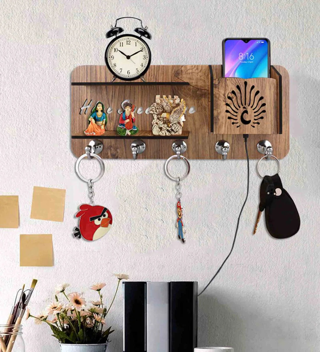 Beige Sloping Pocket Mobile Stand With Key Holder