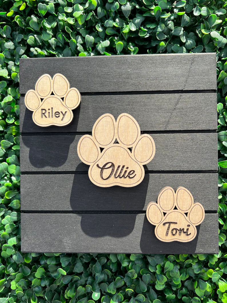 Paw pattern dog magnets with engraved name. Perfect gift for friends and family. Pet fridge magnet to display you fur baby pics.