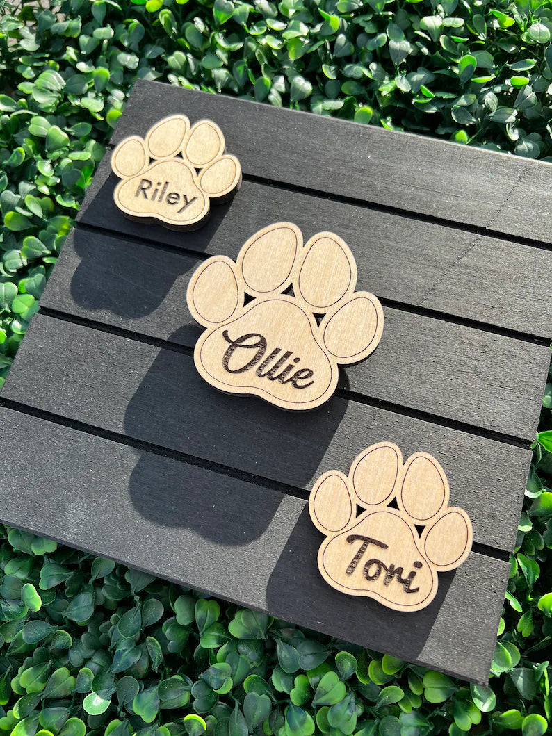 Paw pattern dog magnets with engraved name. Perfect gift for friends and family. Pet fridge magnet to display you fur baby pics.