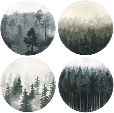 Lahome Forest Pattern Coasters - Round Drinks Absorbent Stone Coaster Set With Ceramic Stone and Cork Base for Kinds of Mugs and Cups (Forest, 4)