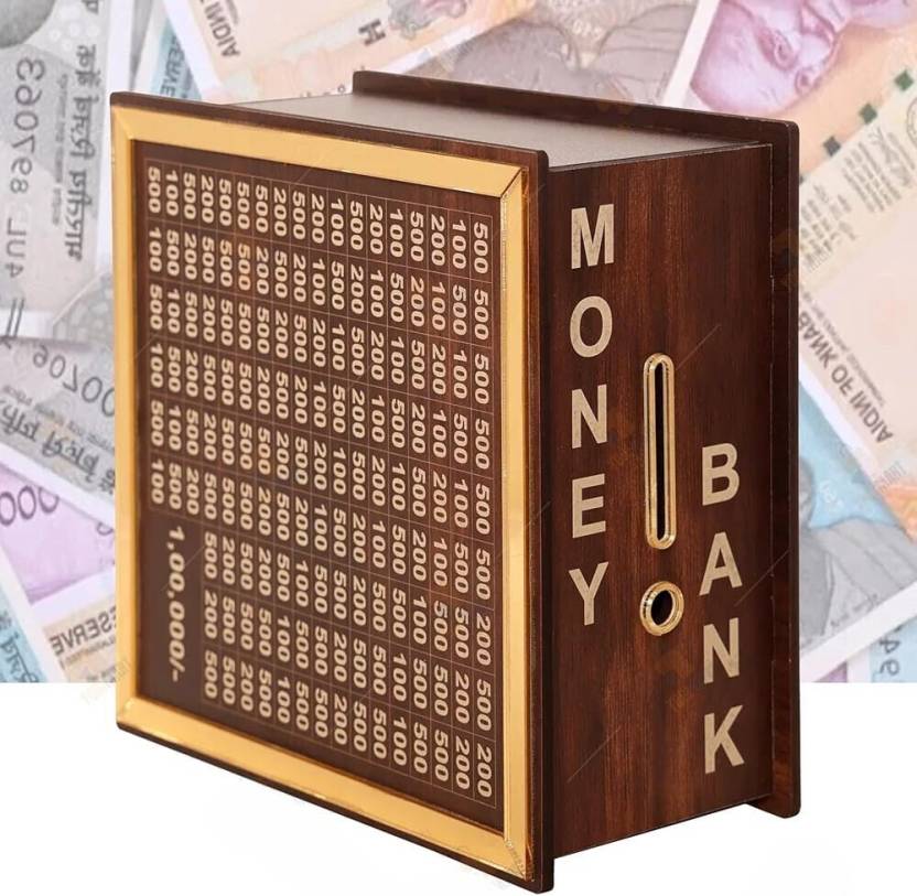 Gold Strip Wooden Saving Box 100000, Wooden Money Saving Box Adult 100000 with Counter